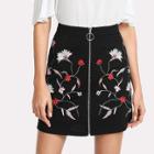 Shein Botanical Embroidery Zipper Up Skirt