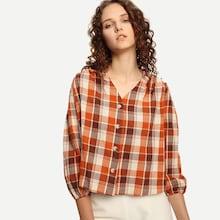 Shein V-neck Plaid Curved Hem Blouse