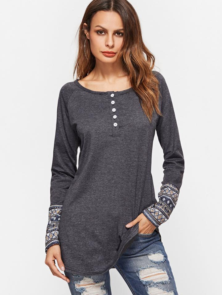 Shein Dark Grey Contrast Tribal Print Cuff Button Front T-shirt