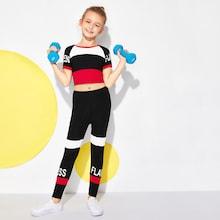 Shein Girls Raglan Sleeve Color-block Tee & Pants Set