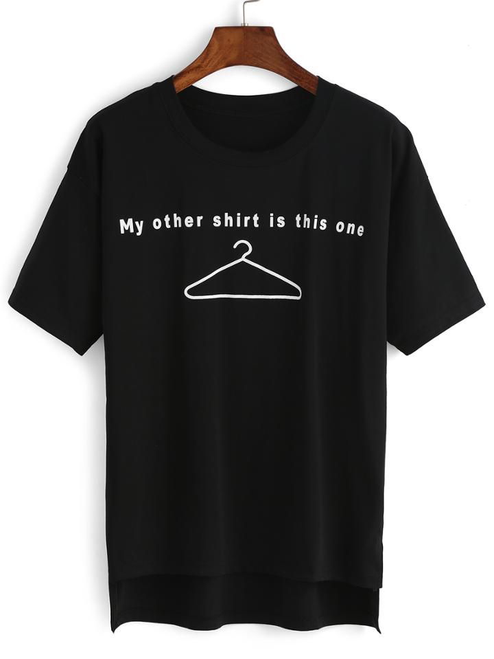 Shein Black Crew Neck Letters Hanger Print T-shirt