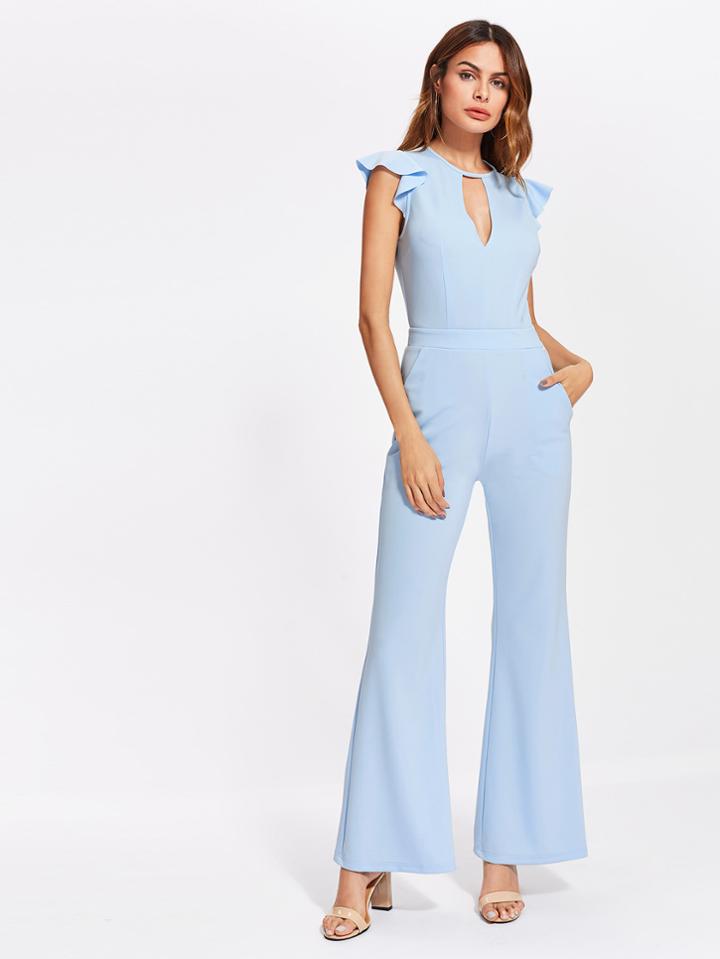 Shein Frill Sleeve Keyhole Neck Flared Jumpsuit