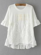 Shein White Short Sleeve Letters Patch Lace Crochet Blouse