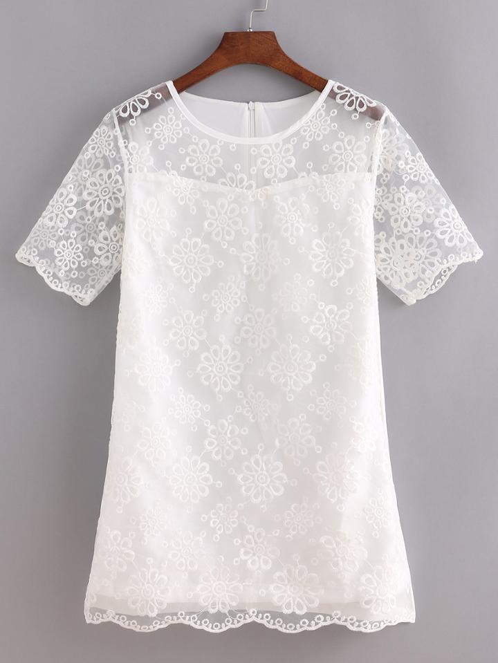 Shein White Short Sleeve Embroidered Dress