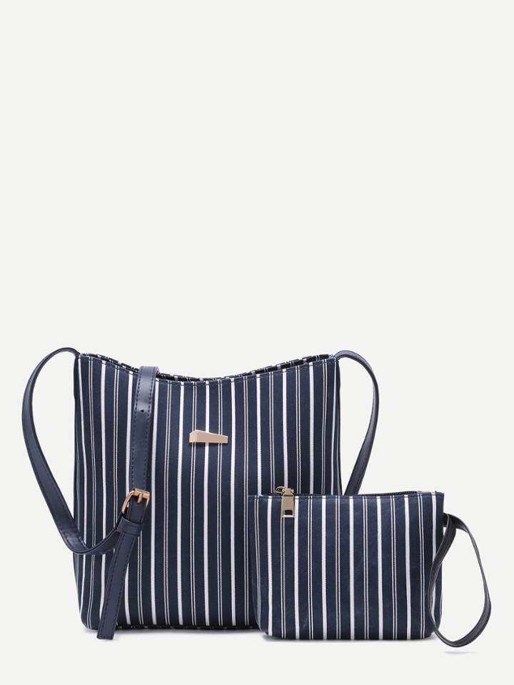 Shein Navy Nylon Striped Shoulder Bag Set