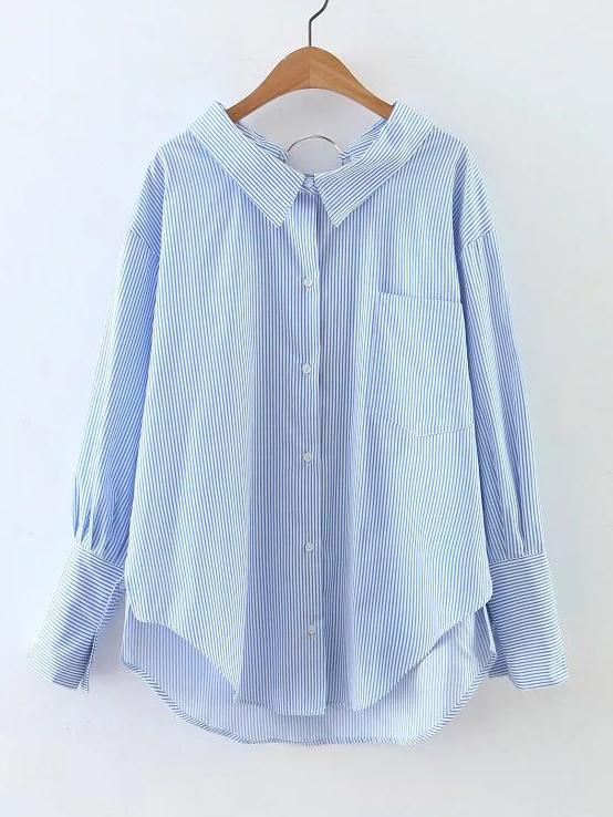 Shein Blue Striped Dip Hem Pocket Ring Accent Back Blouse
