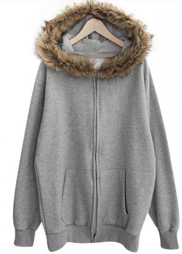 Rosewe Vogue Zipper Closure Long Sleeve Grey Hooded Sweats