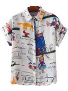 Shein White Roll Cuff Cartoon House Print Chiffon Blouse