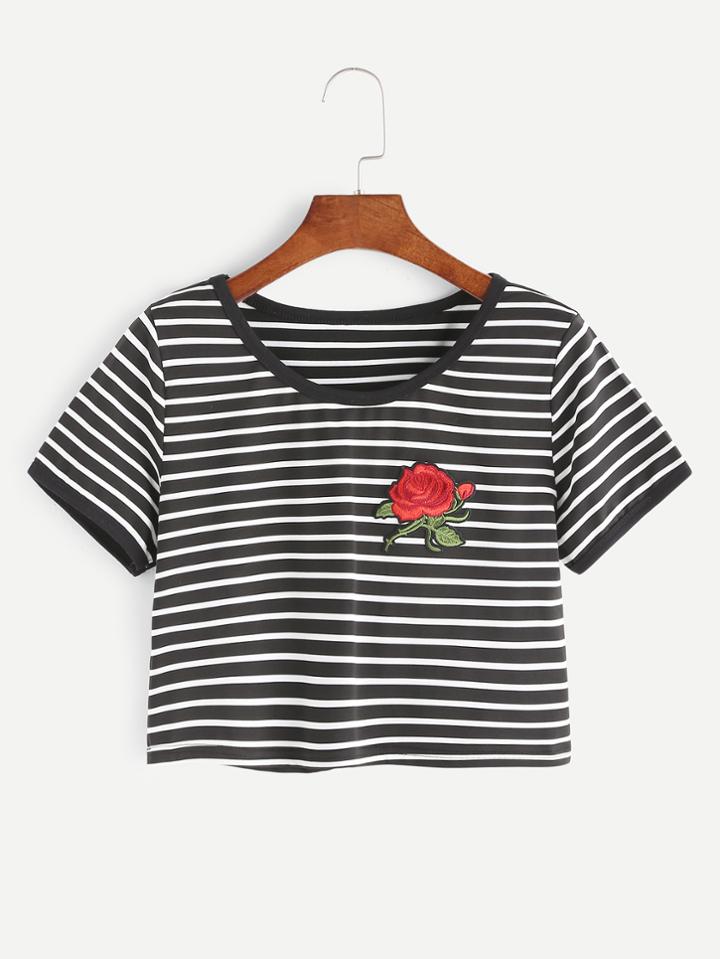 Shein Striped Applique Crop T-shirt