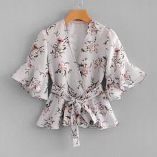 Shein Botanical Print Ruffle Trim Wrap Blouse