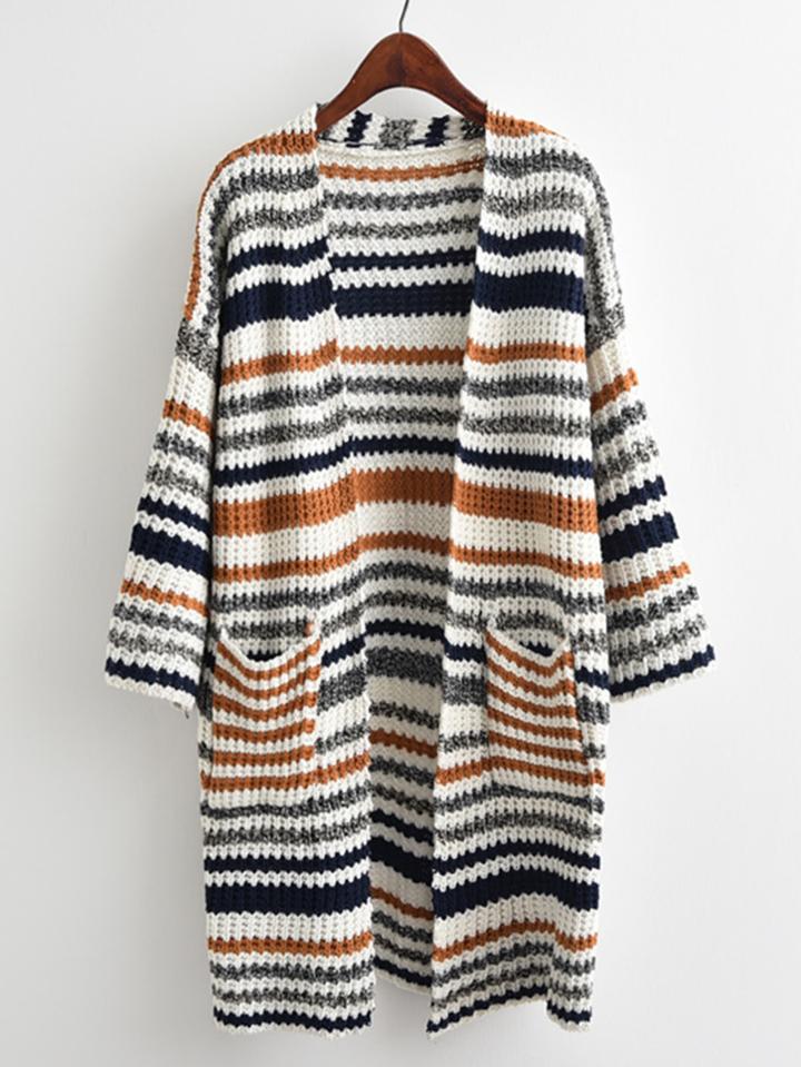 Shein Striped Textured Knit Longline Cardigan Sweater