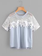 Shein Lace Trim Mesh Shoulder Stepped Hem Tee