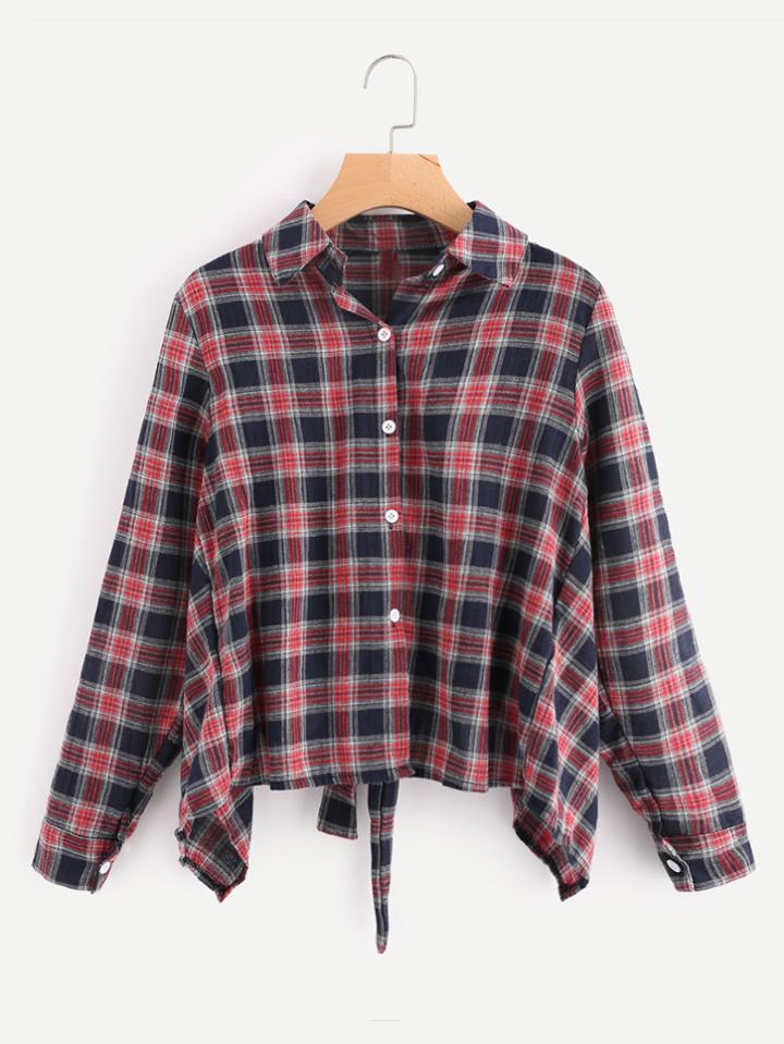 Shein Checked Asymmetric Hem Self Tie Back Blouse