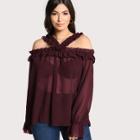 Shein Plus Sheer Long Sleeve Ruffle Trim Top