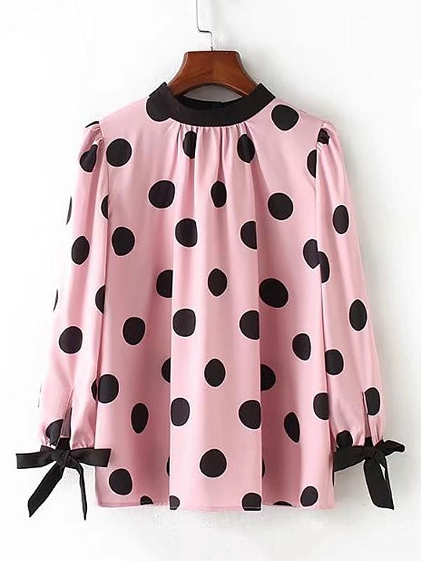 Shein Puff Sleeve Tie Cuff Spot Blouse