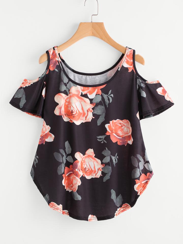 Shein Random Florals Open Shoulder Curved Hem Tee