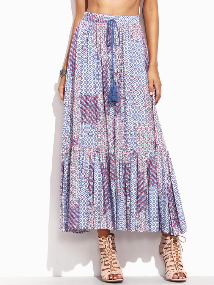 Shein Print Drawstring Waist High Split Ruffle Skirt