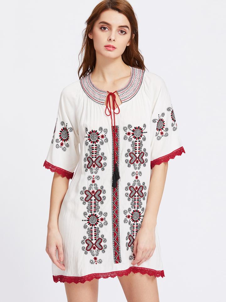 Shein Contrast Lace Tassel Tie Detail Embroidered Dress