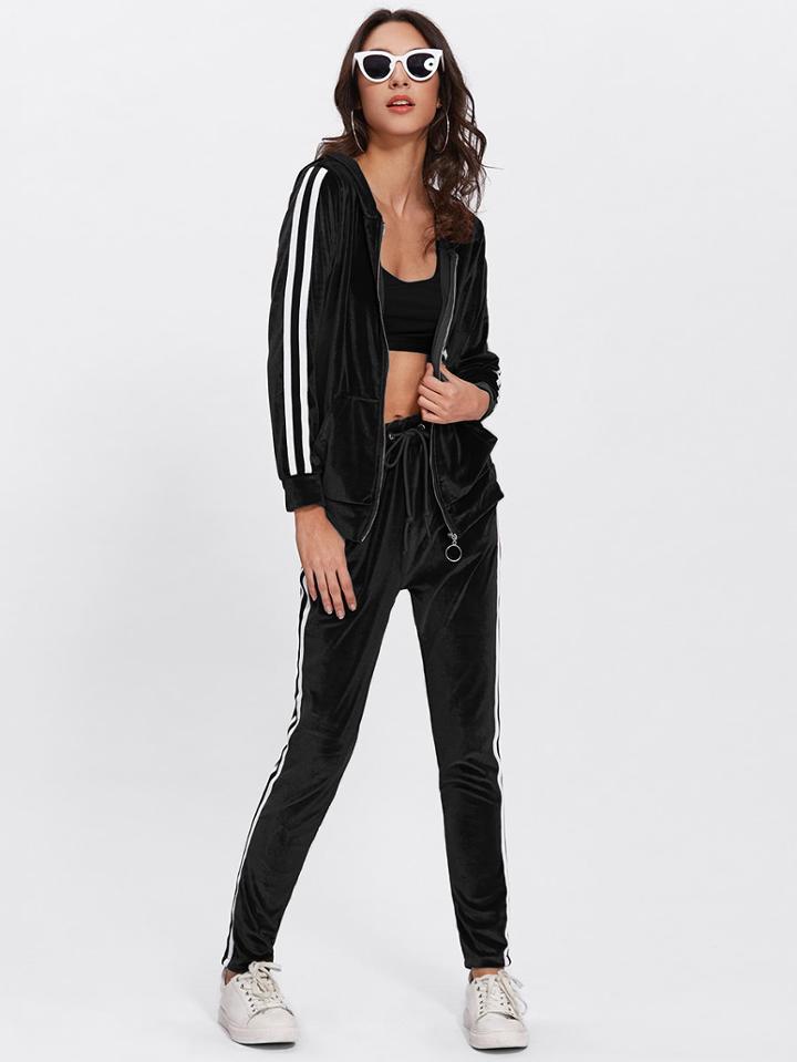 Shein Stripe Side Velvet Hooded Jacket With Pants