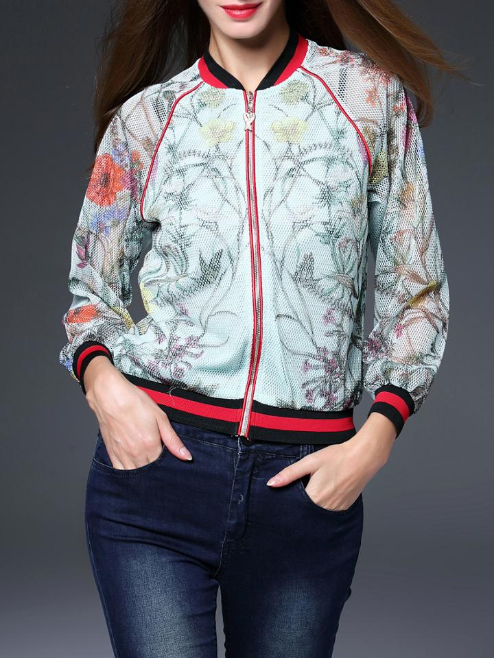 Shein Multicolor Collar Zipper Leaves Print Mesh Coat