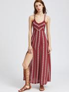 Shein Tribal Striped Lace Up Back High Slit Dress