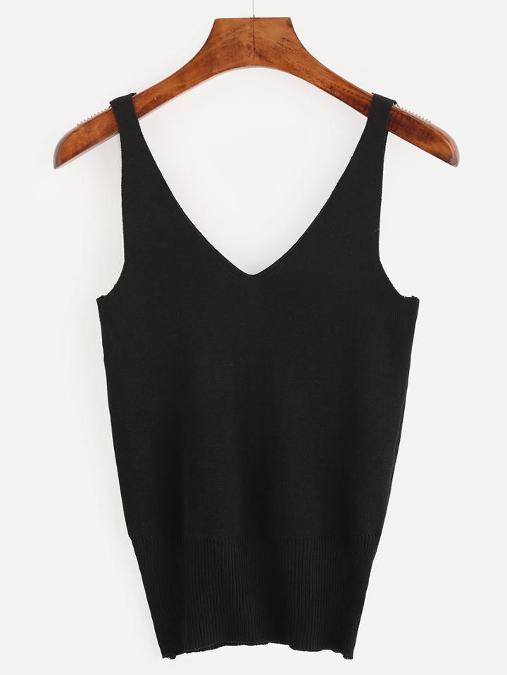 Shein Black Double V-neck Knitted Tank Top