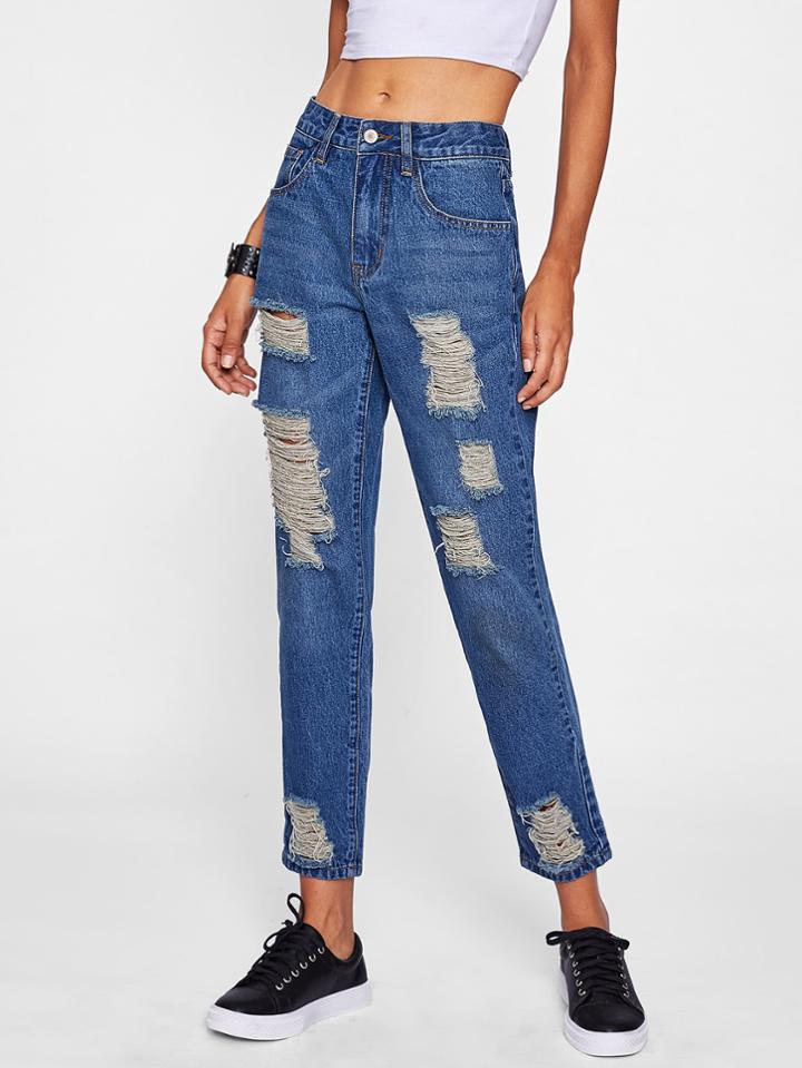 Shein Shredded Mid Wash Jeans