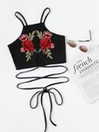 Shein Crisscross Tie Detail Embroidered Appliques Ribbed Crop Cami Top