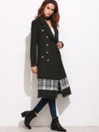 Shein Black Contrast Panel Fringe Trim Double Breasted Tweed Coat