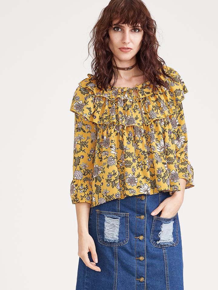 Shein Yellow Floral Print Tie Neck Ruffle Trim Top