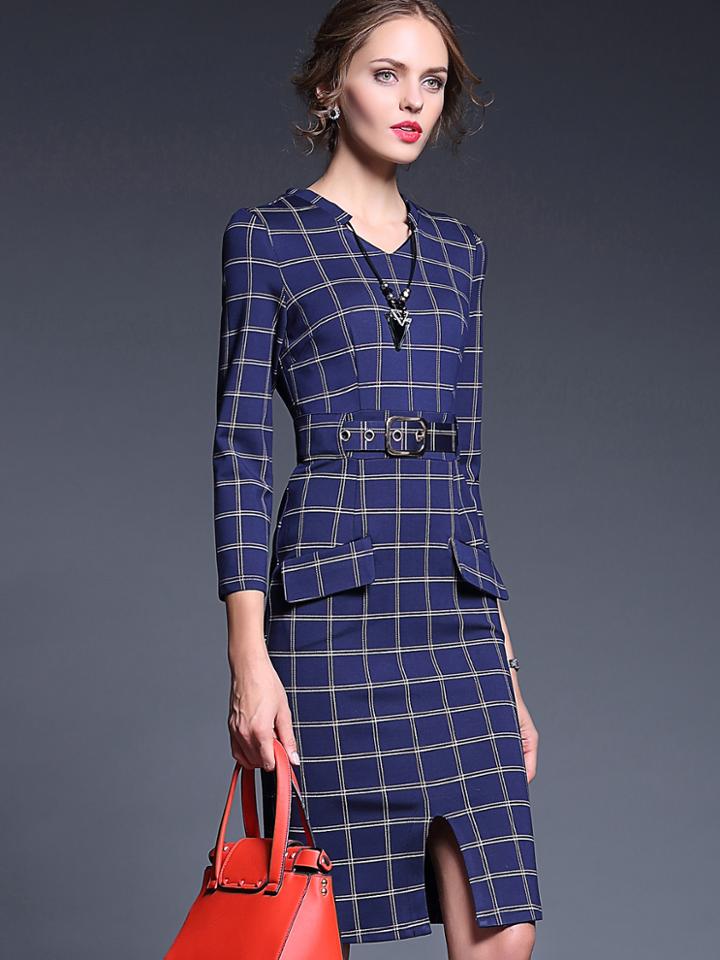 Shein Blue Round Neck Long Sleeve Necklace Drawstring Dress