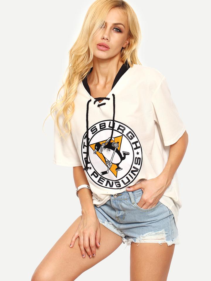 Shein Lace-up Emblem Print T-shirt - White