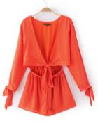 Shein Orange Plunge V Neck Bow Tie Cuff Elastic Waist Jumpsuit