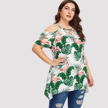 Shein Plus Flamingo Print Criss Cross Detail Blouse