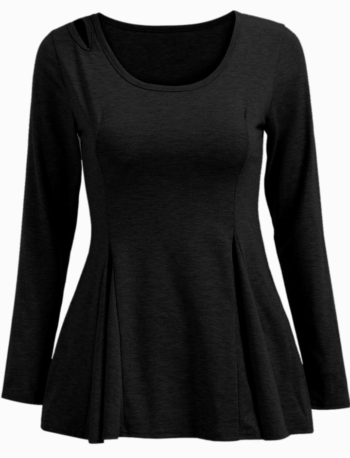 Shein Black Long Sleeve Hollow Shirred Ruffle Top