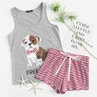 Shein Dog Print Tee And Striped Shorts Pj Set