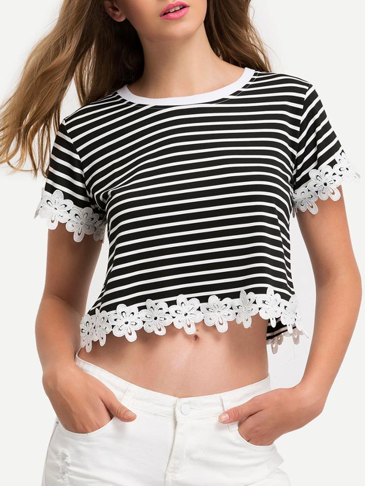 Shein Striped Appliques Crop T-shirt