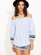 Shein Blue Vertical Striped Embroidered Tape Detail Fringe Top