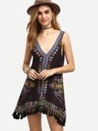 Shein Vintage Placed Print V Neck Tassel Asymmetrical Dress