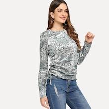 Shein Drawstring Detail Leopard Print Velvet Tee