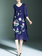 Shein Blue Flowers Applique Pouf Sequined Dress