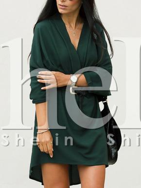 Shein Dark Green Long Sleeve V Neck High Low Dress