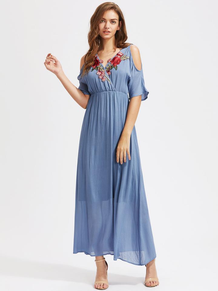 Shein Rose Patch Surplice Front Open Shoulder Empire Waist Dress