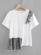 Shein Gingham Ruffle Trim Staggered Tee