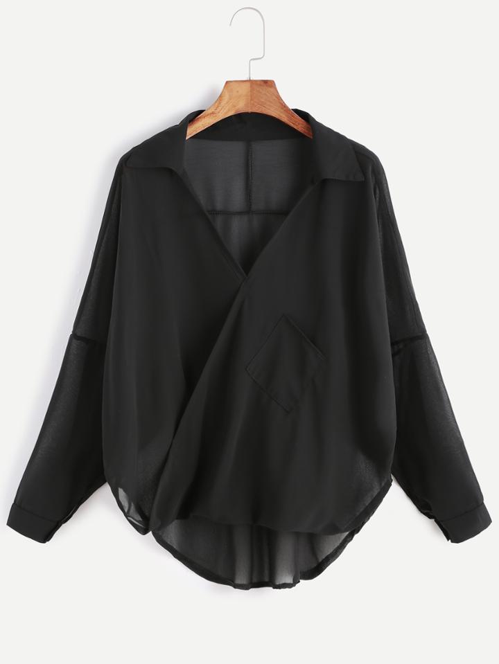Shein Black Dip Hem Wrap Blouse