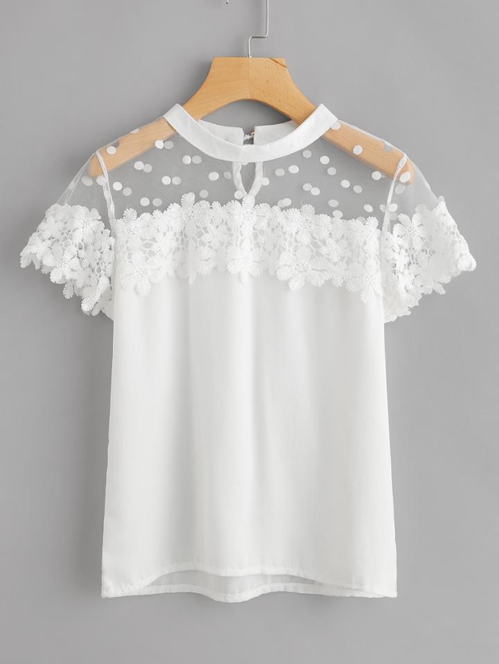 Shein Dot Mesh Panel Crochet Appliques Blouse