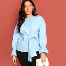 Shein Plus Flounce Sleeve Bow Tie Waist Top