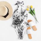 Shein Ink Drawing Open Back Swimsuit