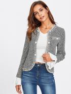 Shein Contrast Ruffle Cuff Curved Tweed Blazer