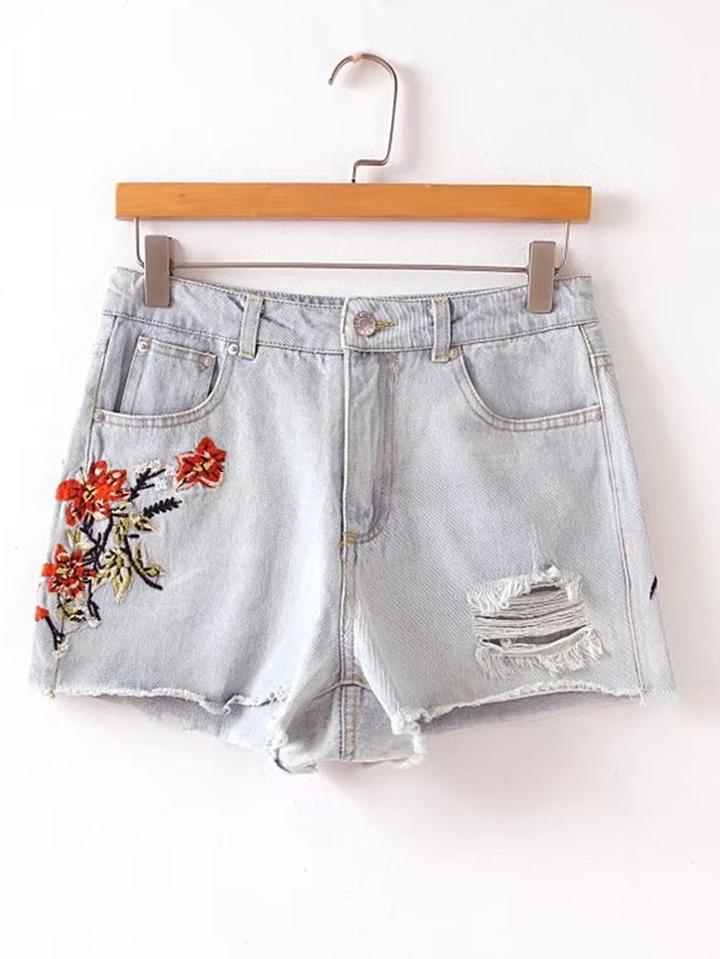Shein Faded Wash Embroidered Shredded Denim Shorts
